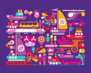 Muurstickers Heldere kleuren geïsoleerd op een violette achtergrond Happy Travel vectorillustratie. ©  danjazzia