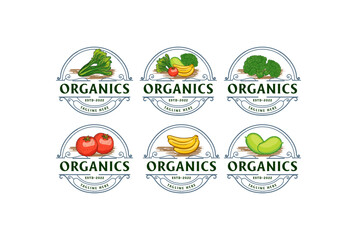 Vintage Retro Fruit and Vegetables Mustard Broccoli Banana Tomato Mango Badge Emblem Label for Farm Garden Logo Design