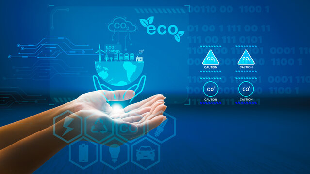 Female hand showing hologram. Virtual icon. Virtual world green concept. energy saving world environment day earth day Eco-friendly and sustainable development concept