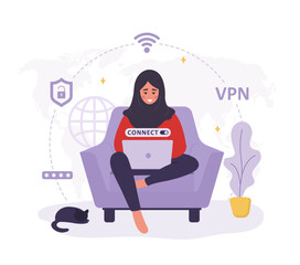 VPN service. Arabian woman using virtual private network. Personal information and data safety. Password security. Protection IP addresses and cyberspace. Vector illustration in flat cartoon style.