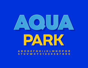 Vector bright poster Aqua Park. Yellow sticker Font. Creative Alphabet Letters, Numbers and Numbers set.