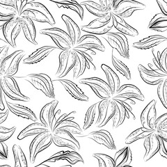 Vector lilly seamless pattern. Black and white with line art on white backgrounds.