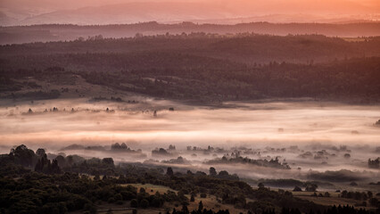 Sunrise in the San River valley on the border between Poland and Ukraine. Bieszczady Mountains, Carpathians.