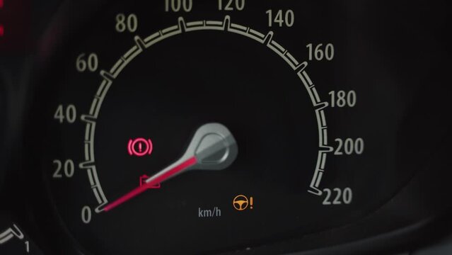 Many car dashboard lights with warning lamps, failure and error indicators light up on car ignition and start illuminated. Engine failure warning.