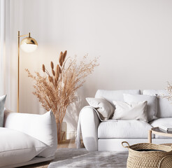 Mockup frame in Scandinavian interior background, bright room in white neutral colors, Boho style, 3d render