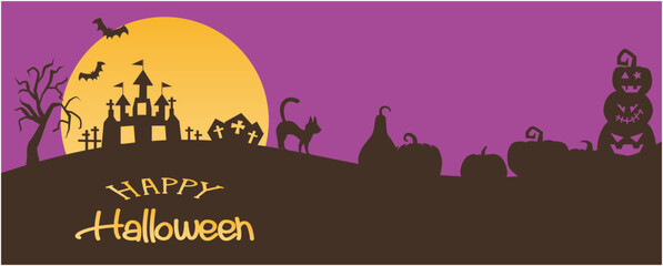 Halloween moon night decoration banner, Halloween pumpkins and black cat and church silhouette background. Happy halloween wallpaper. vector illustration.