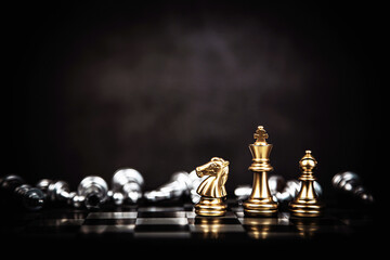 King chess stand front the line on chessboard concept of challenge or team player or business team...