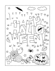 "Happy Halloween!" greeting dot-to-dot picture puzzle and coloring page, poster, sign or banner black and white activity sheet 
