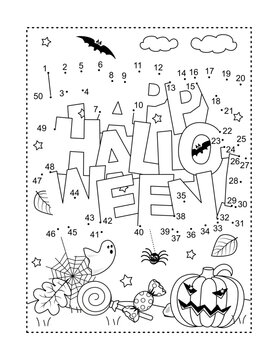"Happy Halloween!" greeting dot-to-dot picture puzzle and coloring page, poster, sign or banner black and white activity sheet 
