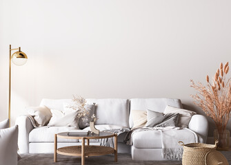 Mockup frame in Scandinavian interior background, bright room in white neutral colors, Boho style, 3d render - obrazy, fototapety, plakaty