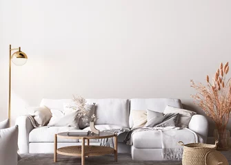 Foto op Plexiglas Mockup frame in Scandinavian interior background, bright room in white neutral colors, Boho style, 3d render © lilasgh