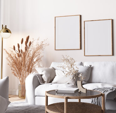 Mockup frame in Scandinavian interior background, bright room in white neutral colors, Boho style, 3d render