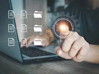 document management concept folder and software document icon Searching and managing online document database files. online management access to documents