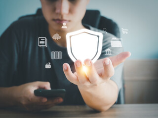 Man's hand showing login security digital format identity verification Fingerprint scanning for identification to access private information system access