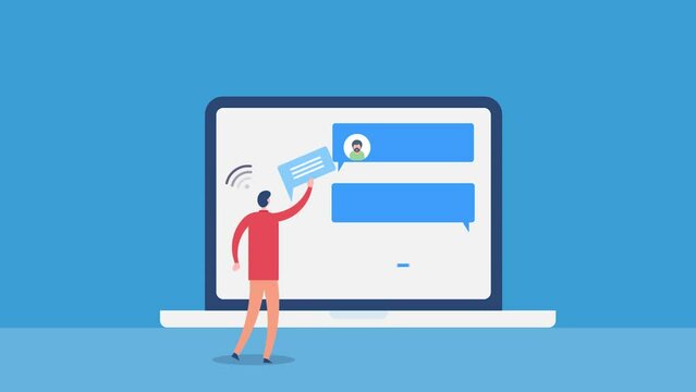 Animation of text chat messages on laptop screen, group discussion and man exchanging information connected through WIFI network communication.