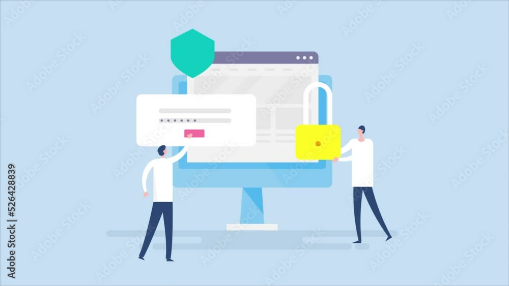 Poster animation - cyber security management team people, website data password protection with shield and 