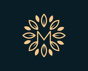 Obraz premium Letter M Leaf Circle Logo Concept sign icon symbol Design. Floral, Herbal, Natural, Eco Logotype. Vector illustration template