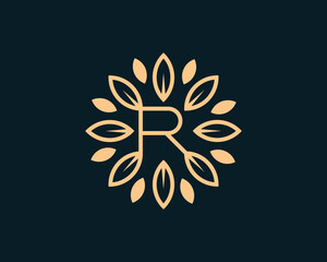 Fototapeta na wymiar Letter R Leaf Circle Logo Concept sign icon symbol Design. Floral, Herbal, Natural, Eco Logotype. Vector illustration template