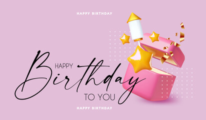 Happy Birthday! Celebration design template with open gift box, rocket firework and stars.
