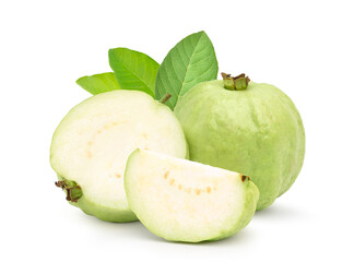 Guava fruit with sliced and leaf isolated on white background. Clipping path.