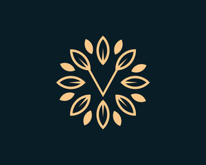 Fototapeta na wymiar Letter V Leaf Circle Logo Concept sign icon symbol Design. Floral, Herbal, Natural, Eco Logotype. Vector illustration template