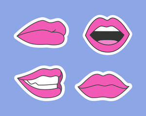 Collection of stickers with women's lips. Vector illustration in the style of the 90s.