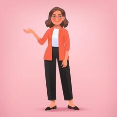 Business woman shows and points to something with her hand. Presentation. Vector illustration