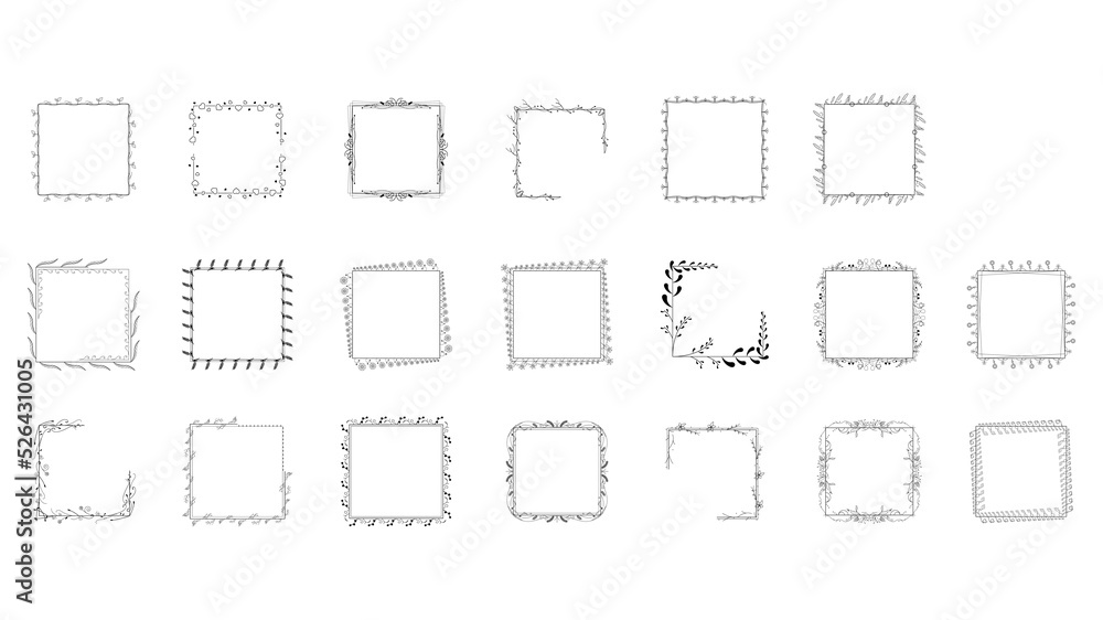 Poster set black simple line frame collection doodle square floral frame elements vector design style sketc