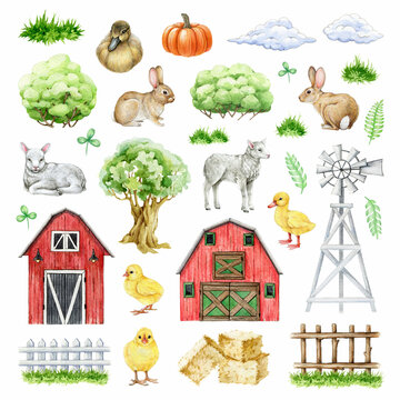 Farm Hand Drawn Bundle. Watercolor Illustration. Red Barn, Fence, Farm Animals, Tree, Bush, Windmill Element Set. Ranch And Countryside Element Collection. White Background