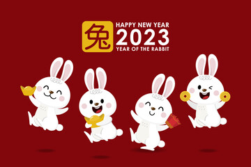 Obraz na płótnie Canvas Happy Chinese new year greeting card 2023 with cute rabbit with oranges, money and gold. Animal holidays cartoon character set. Translate: rabbit.