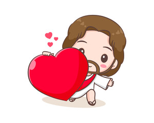 Jesus Christ with big love heart cartoon character. Cute mascot illustration. Isolated white background. Biblical story Religion and faith.