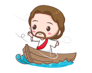Jesus Christ protecting ship from storm lightning thunder waves cartoon character. Cute mascot illustration. Isolated white background. Biblical story Religion and faith.