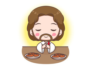 Jesus Christ prays to eat cartoon character. Jesus bless the bread Cute mascot illustration. Isolated white background. Biblical story Religion and faith.