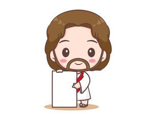 Jesus Christ holding empty board cartoon character. Cute mascot illustration. Isolated white background. Biblical story Religion and faith.