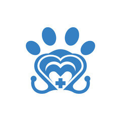 Paw Pet Plus Medical Simple Icon Logo, pet medical logo design creative, Stethoscope silhouette with animal paw print symbol. Veterinary medicine logo,
