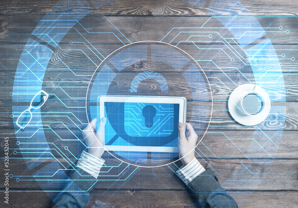 Poster concept of computer access with media lock icon on tablet screen