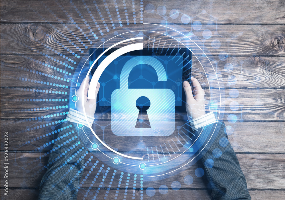 Poster concept of computer access with media lock icon on tablet screen