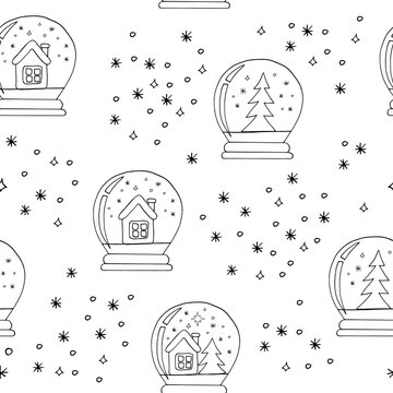 snowglobe and snowflakes seamless pattern hand drawn in doodle style.