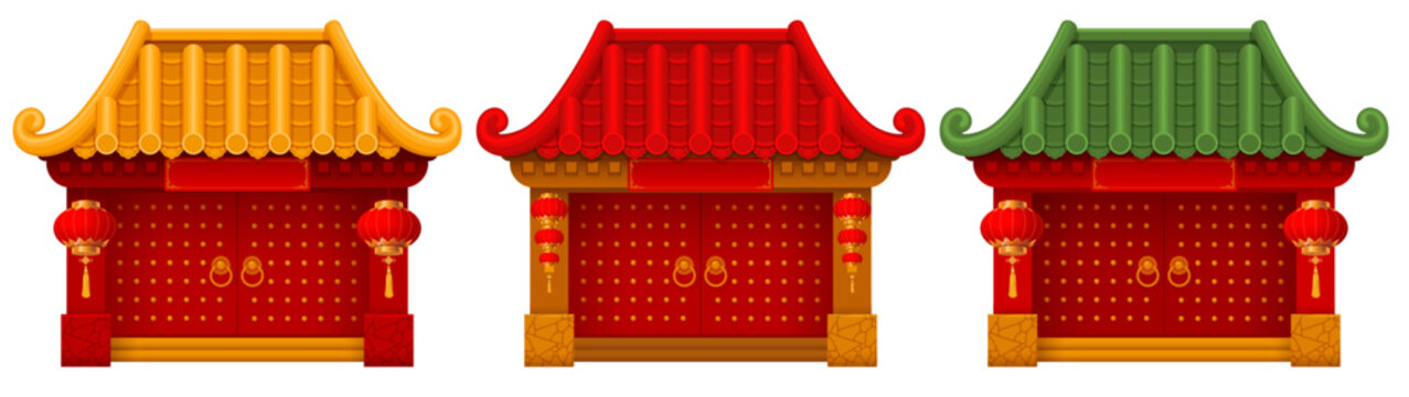 Set of Chinese traditional gate. Home entrance with bamboo roof, columns, wooden doors, sign above and decorated with paper lanterns. Vector illustration