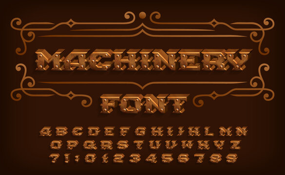 Machinery alphabet font. Steampunk rivet 3d letters and numbers. Stock vector typescript for your design.