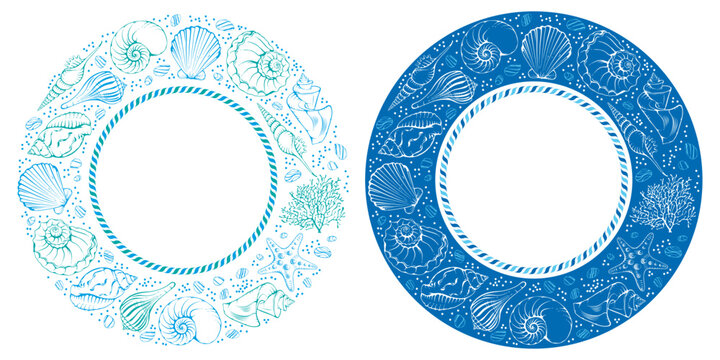 Circle frames set with various hand drawn tropical seashell, starfish, coral and sea stone. Plain and elegance coloured patterns. Vector illustration