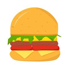 Burger with tasty cutlet, cheese, tomato and ketchup isolated on white background
