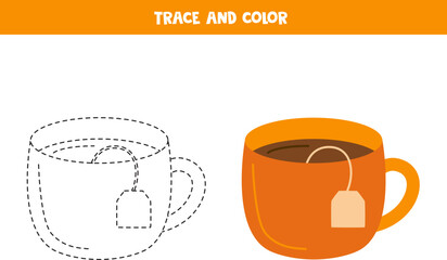 Trace and color cute hand drawn tea cup. Worksheet for children.