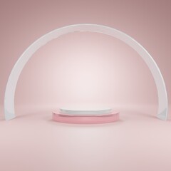 3D render pastel pink rounded podium with top white and the half arch