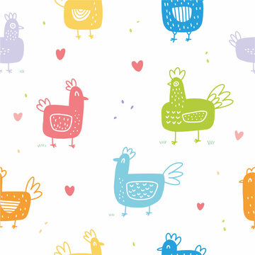 A hand-drawn pattern of cute chickens. Vector illustration of domestic birds drawn in the style of doodles.