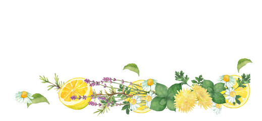 Obraz na płótnie Canvas 水彩で描いたハーブとレモンのブーケデコレーション