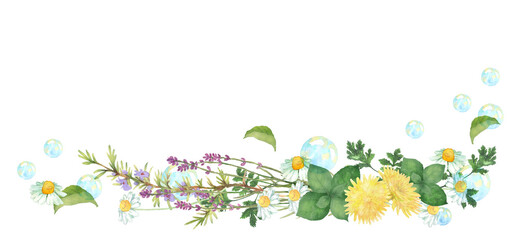 水彩で描いたハーブのブーケとシャボン玉のデコレーション © 時々雨