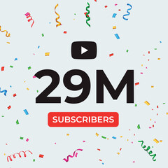 Thank you 29M or 29 million subscribers celebration template. Premium design for social media story, web banner, social media banner celebration, social site posts, achievement, poster.