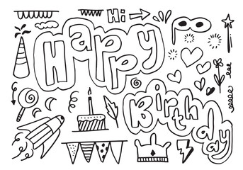 hand draw birthday element, flags, cakes, gifts, flowers, hearts, candy. 