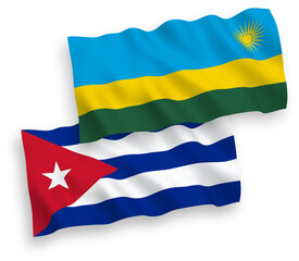 National vector fabric wave flags of Republic of Rwanda and Cuba isolated on white background. 1 to 2 proportion.